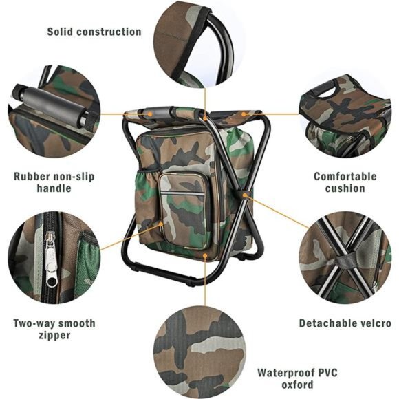Folding Stool Backpack Insulated Cooler Bag, Collapsible Camping Hunting Fishing - Picture 5 of 5